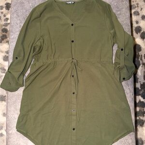 Olive Green Button-Up Women's Dress 2XL